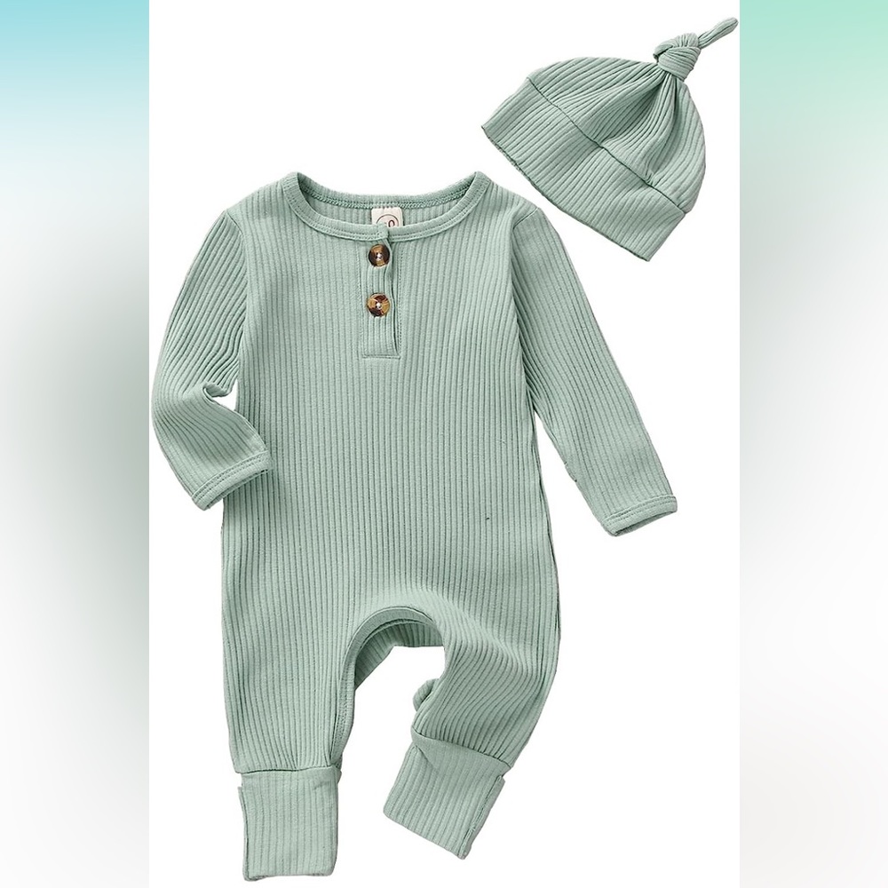 Teal 0-3 Month ribbed knit bodysuit with matching hat.